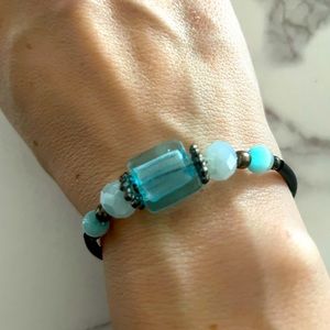 Blue Glass Beaded Black Cord Adjustable Bracelet